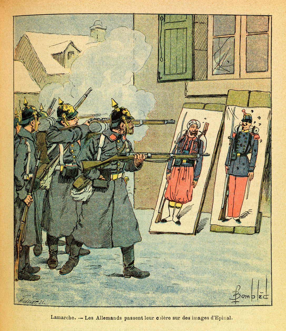 The Eastern Armee of Eugene Sergeant, kjent som Grenest, illustrert av Louis Bombled (1862-1927) (fransk-tyske krig; kampanje 1870-1871): I Lamarche bruker tyske soldater sitt sinne på bilder av Epinal, Collection Partial av Louis Charles Bombled