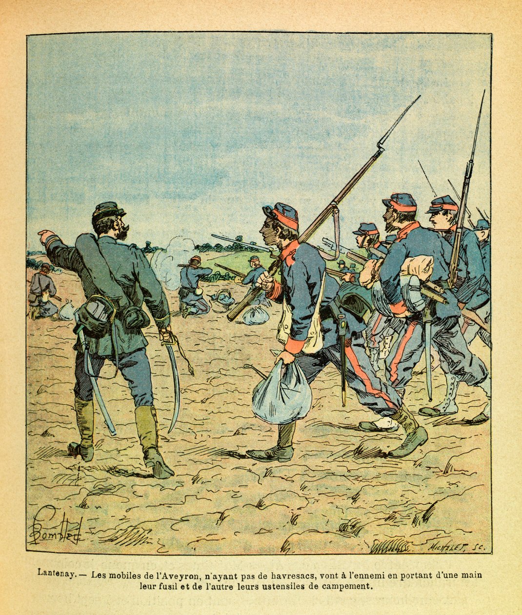 The Eastern Armee of Eugene Sergeant, kjent som Grenest, illustrert av Louis Bombled (1862-1927) (fransk-tyske krig; kampanje 1870 -1871): Slaget ved Lantenay i november 1870, Aveyron-mobiltelefonene uten havresaker går til fienden bærer deres ri av Louis Charles Bombled