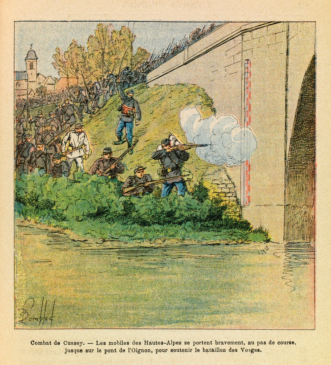 The Eastern Armee of Eugene Sergeant, kjent som Grenest, illustrert av Louis Bombled (1862-1927) (fransk-tyske krig; kampanje 1870-1871): Les mobiles des Hautes Alpes gir en hånd til bataljonen Vosges under kampene mot Cussey på Ognon (dou av Louis Charles Bombled