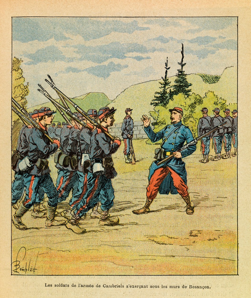 The Eastern Armee of Eugene Sergeant, kjent som Grenest, illustrert av Louis Bombled (1862-1927) (fransk-tyske krig; kampanje 1870 -1871): Soldatene til hæren til general Cambriels øver under murene til Besancon, privat samling av Louis Charles Bombled