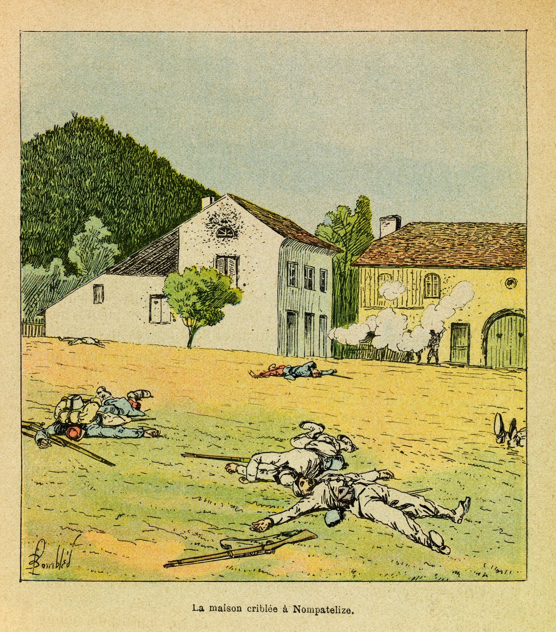 The Eastern Armee of Eugene Sergeant, kjent som Grenest, illustrert av Louis Bombled (1862-1927) (fransk-tyske krig; kampanje 1870-1871): et siktet hus under slaget ved Nompatelize i oktober 1870, privat samling av Louis Charles Bombled