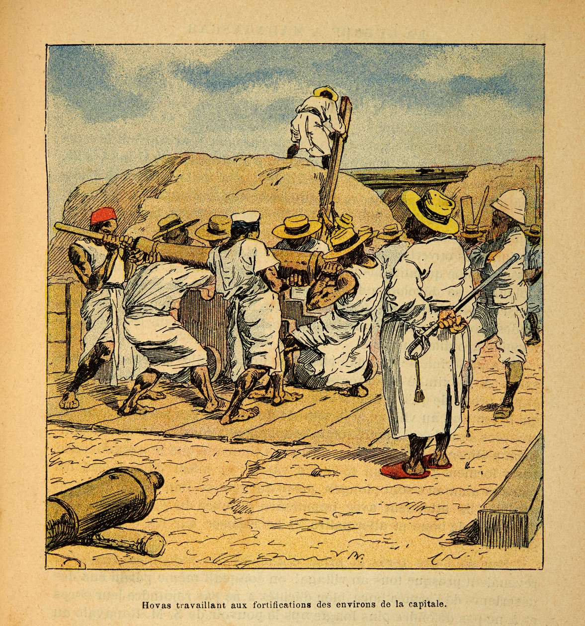 The War in Madagascar-Anecdotal History of the French Expeditions of 1885-1895 av Henri Galli dit Galllichet (1854-1922), illustrert av Louis Bombled (1862-1927): Hovas arbeider ved festningsverkene i hovedstaden i 1895, privat samling av Louis Charles Bombled