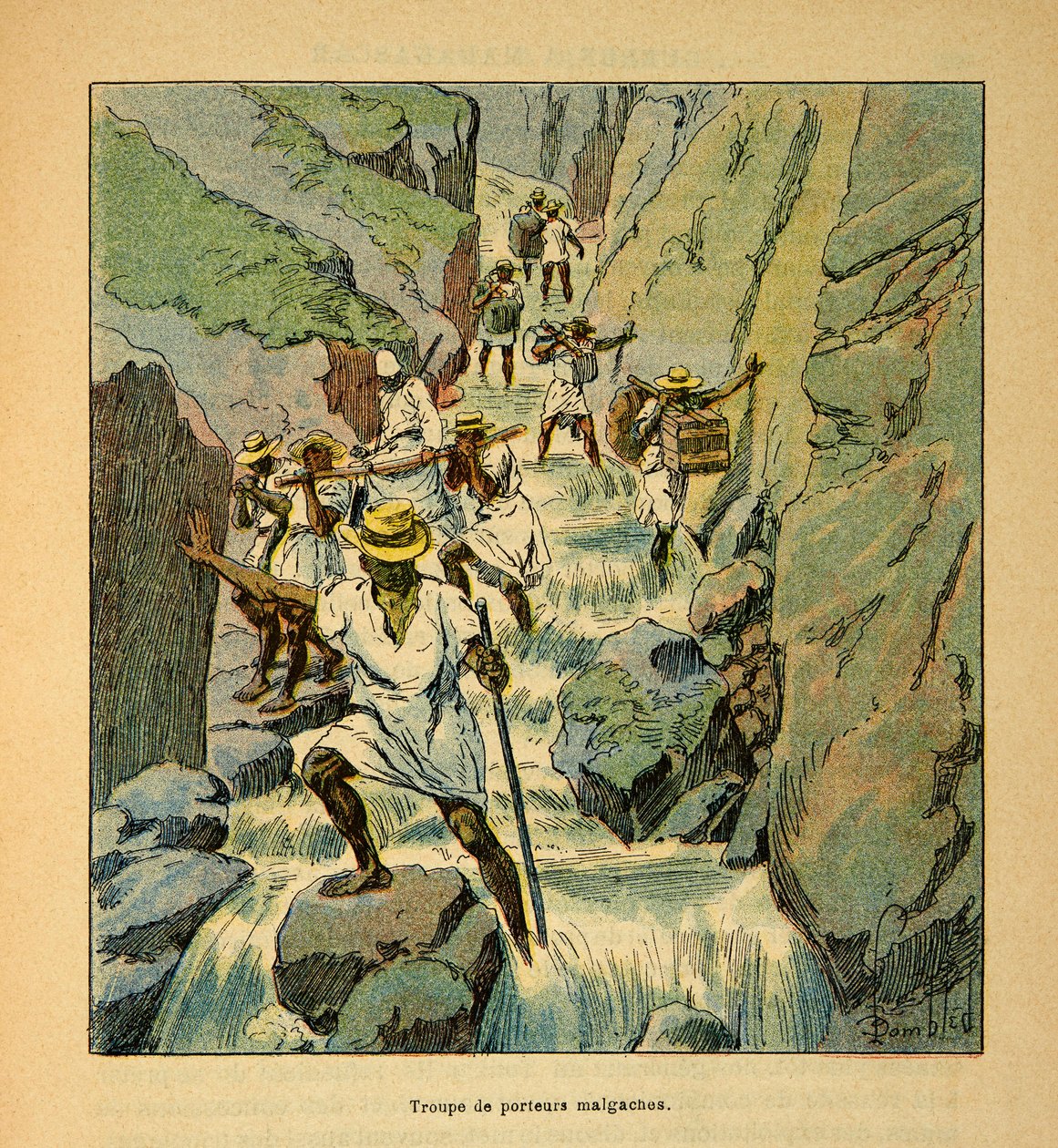 The War in Madagascar-Anecdotal History of the French Expeditions of 1885-1895 av Henri Galli dit Galllichet (1854-1922), illustrert av Louis Bombled (1862-1927): Malagasy Carrier Troops in 1895, Private Collection av Louis Charles Bombled