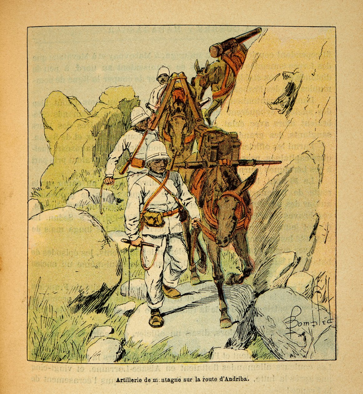 The War in Madagascar-Anecdotal History of the French Expeditions of 1885-1895 av Henri Galli dit Galllichet (1854-1922), illustrert av Louis Bombled (1862-1927): Mountain Artillery on the Andriba Road to Madagascar in 1895, Private Collection av Louis Charles Bombled