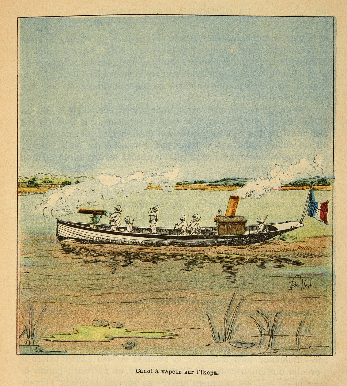 The War in Madagascar-Anecdotal History of the French Expeditions of 1885-1895 av Henri Galli dit Galllichet (1854-1922), illustrert av Louis Bombled (1862-1927): Fransk Canonniere på Ikopa-elven i Madagaskar i 1895, privat samling av Louis Charles Bombled
