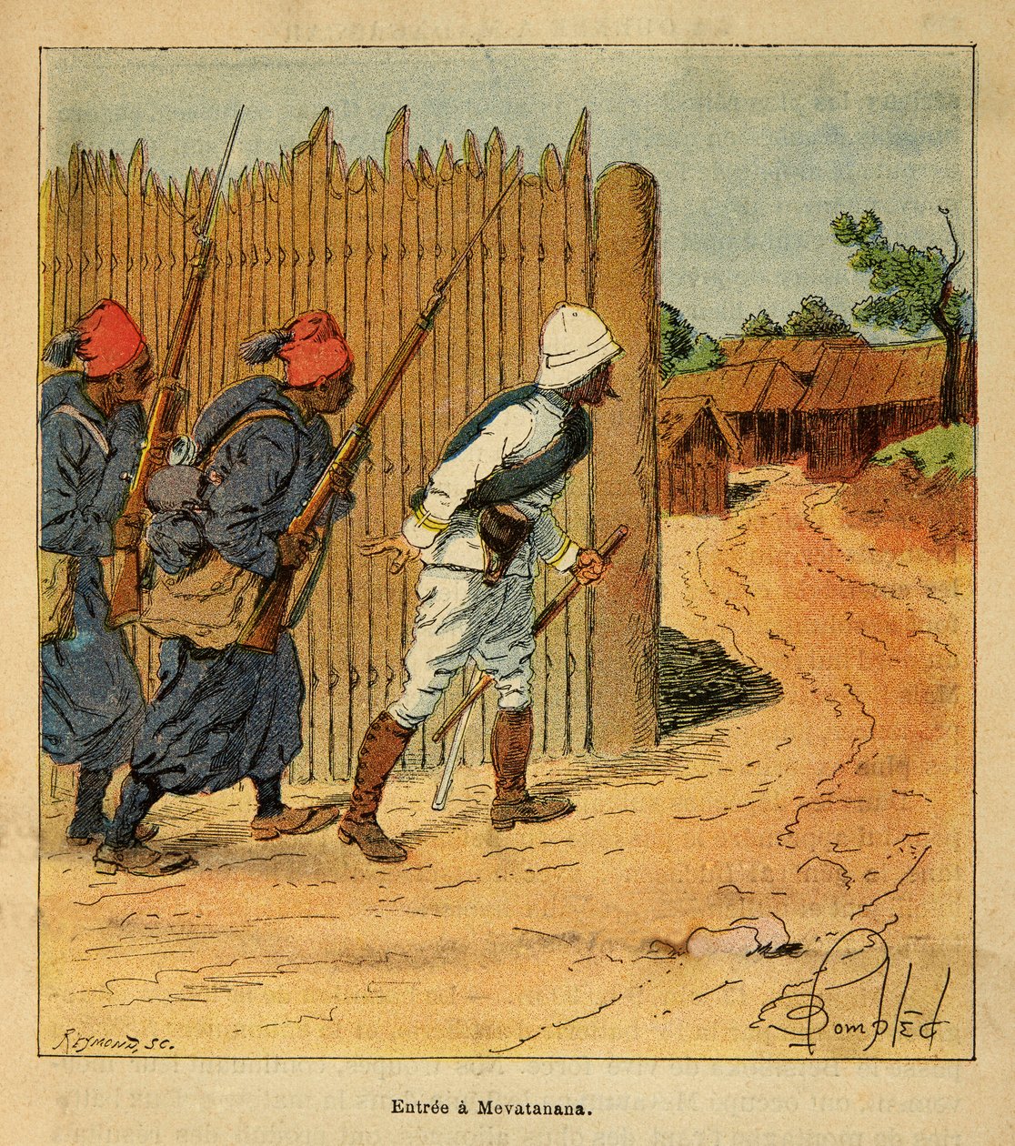 The War in Madagascar-Anecdotal History of the French Expeditions of 1885-1895 av Henri Galli dit Galllichet (1854-1922), illustrert av Louis Bombled (1862-1927): Franske tropper gikk inn i landsbyen Mevatanana i 1895, privat samling av Louis Charles Bombled