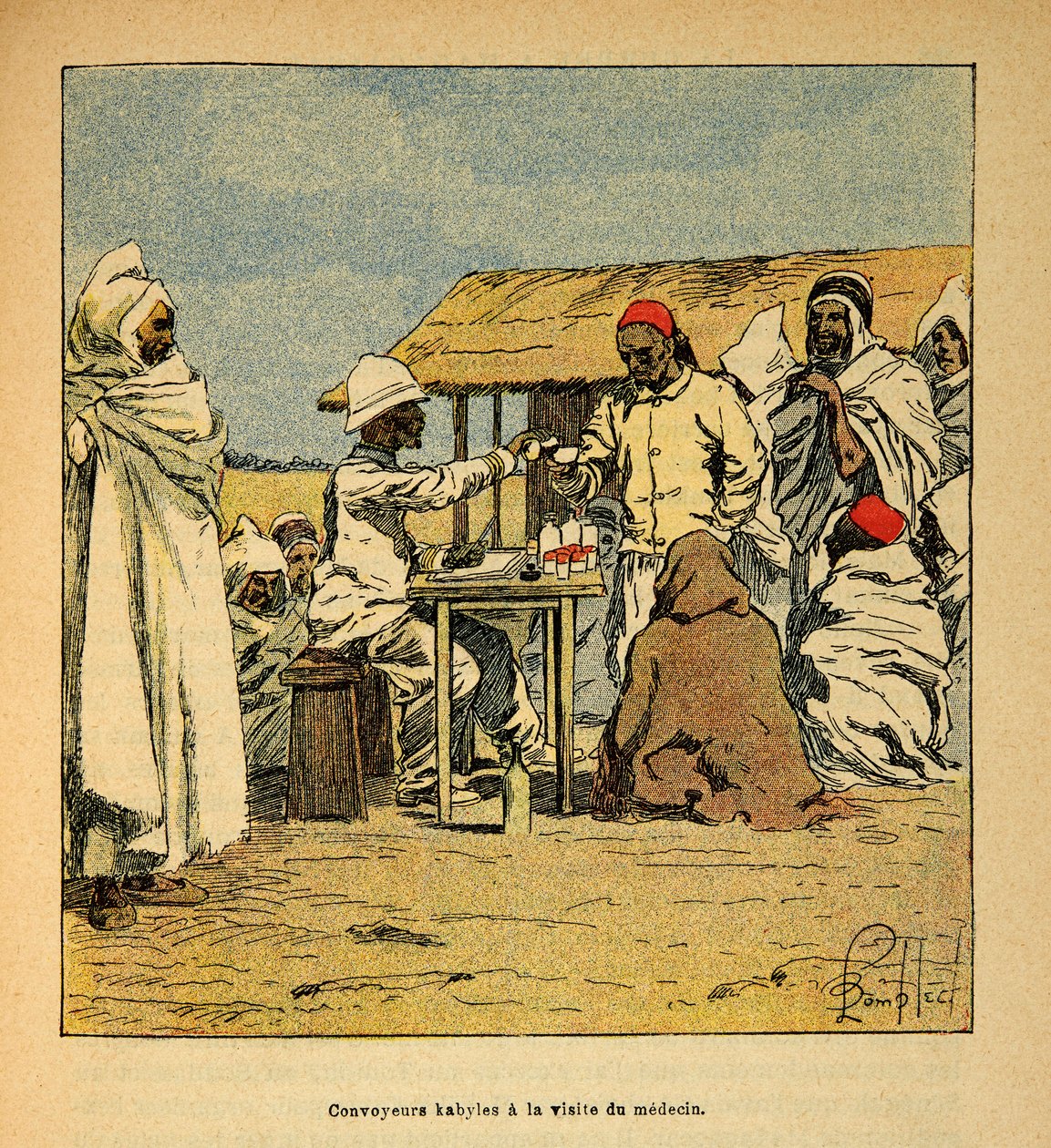 The War in Madagascar-Anecdotal History of the French Expeditions of 1885-1895 av Henri Galli dit Galllichet (1854-1922), illustrert av Louis Bombled (1862-1927): Convoyeurs Kabiles et besøk av en militærlege, Privat samling av Louis Charles Bombled