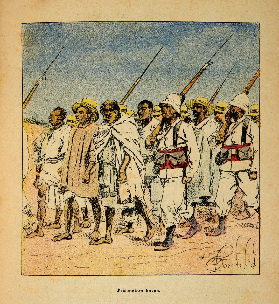 The War in Madagascar-Anecdotal History of the French Expeditions of 1885-1895 av Henri Galli dit Galllichet (1854-1922), illustrert av Louis Bombled (1862-1927): Hovas-fanger i 1895, privat samling av Louis Charles Bombled