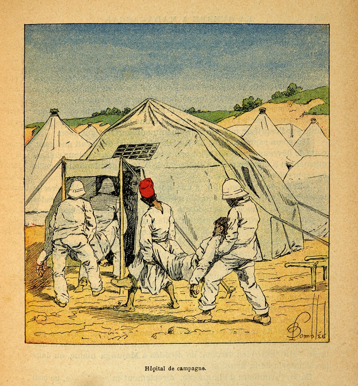 The War in Madagascar-Anecdotal History of the French Expeditions of 1885-1895 av Henri Galli dit Galllichet (1854-1922), illustrert av Louis Bombled (1862-1927): Militært feltsykehus på Madagaskar i 1895, privat samling av Louis Charles Bombled