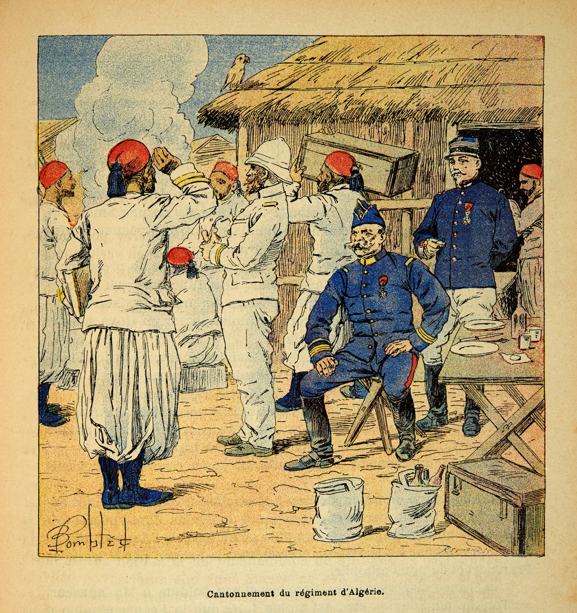The War in Madagascar-Anecdotal History of the French Expeditions of 1885-1895 av Henri Galli dit Galllichet (1854-1922), illustrert av Louis Bombled (1862-1927): Kantonering av Regiment of Algeria under den franske ekspedisjonen til Madagaskar i 1895 , P av Louis Charles Bombled