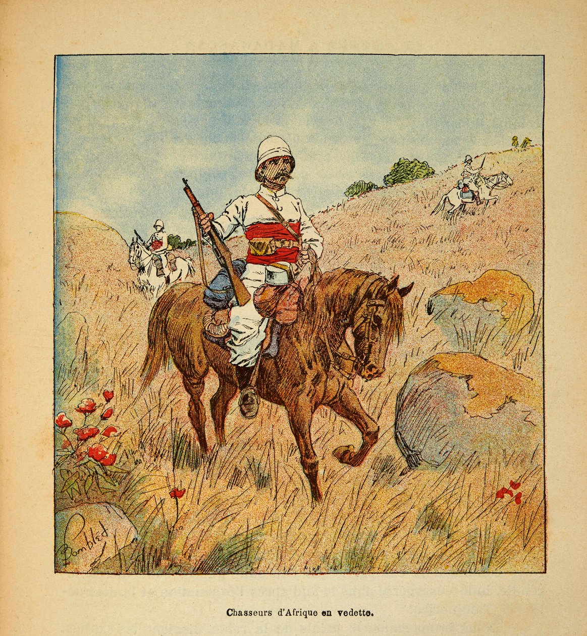 The War in Madagascar-Anecdotal History of the French Expeditions of 1885-1895 av Henri Galli dit Galllichet (1854-1922), illustrert av Louis Bombled (1862-1927): Hunter of Africa in speider in Madagaskar in 1895, Private Collection av Louis Charles Bombled