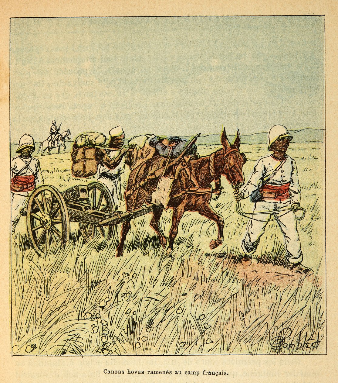 The War in Madagascar-Anecdotal History of the French Expeditions of 1885-1895 av Henri Galli dit Galllichet (1854-1922), illustrert av Louis Bombled (1862-1927): Hovas-kanoner brakt tilbake til den franske leiren, privat samling av Louis Charles Bombled