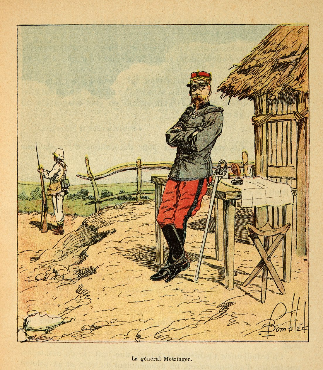 The War in Madagascar-Anecdotal History of the French Expeditions of 1885-1895 av Henri Galli dit Galllichet (1854-1922), illustrert av Louis Bombled (1862-1927): Portrett av general Metzinger på Madagaskar i 1895, privat samling av Louis Charles Bombled