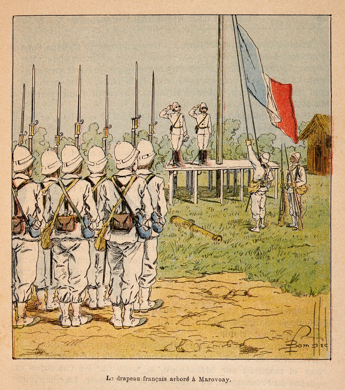 The War in Madagascar-Anecdotal History of the French Expeditions of 1885-1895 av Henri Galli dit Galllichet (1854-1922), illustrert av Louis Bombled (1862-1927): Det franske flagget flyter ved Marovoay i 1895, privat samling av Louis Charles Bombled