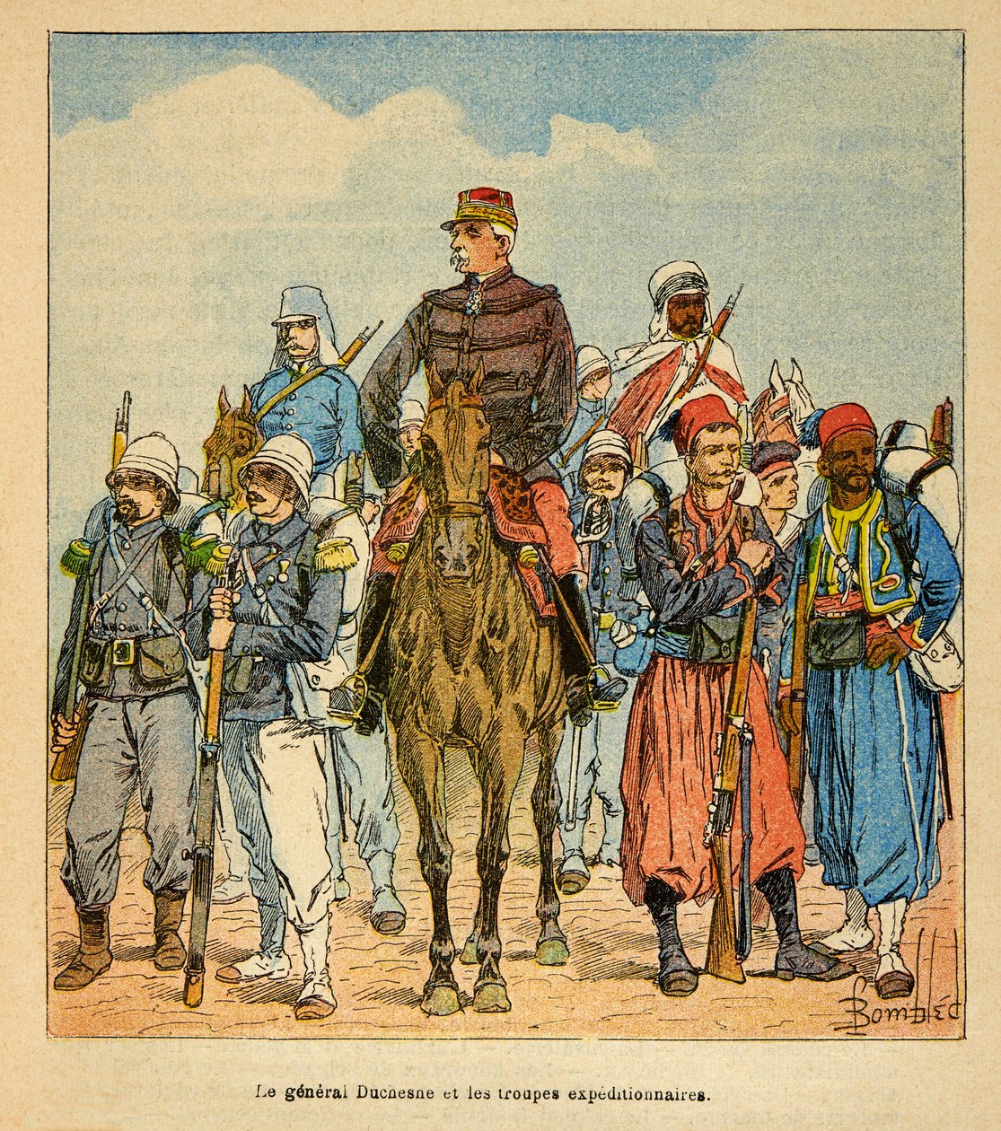 The War in Madagascar-Anecdotal History of the French Expeditions of 1885-1895 av Henri Galli dit Galllichet (1854-1922), illustrert av Louis Bombled (1862-1927): General Duchesne med ekspedisjonstroppene på Madagaskar, privat samling av Louis Charles Bombled