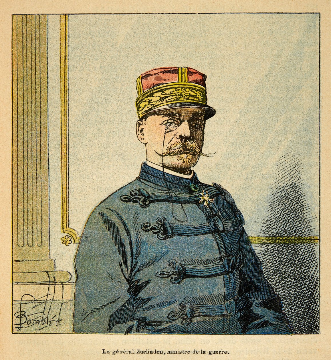 The War in Madagascar-Anecdotal History of the French Expeditions of 1885-1895 av Henri Galli dit Galllichet (1854-1922), illustrert av Louis Bombled (1862-1927): Portrett av general Emile Auguste Francois Zurlinden (1837-1929), minister av krig, menig C av Louis Charles Bombled