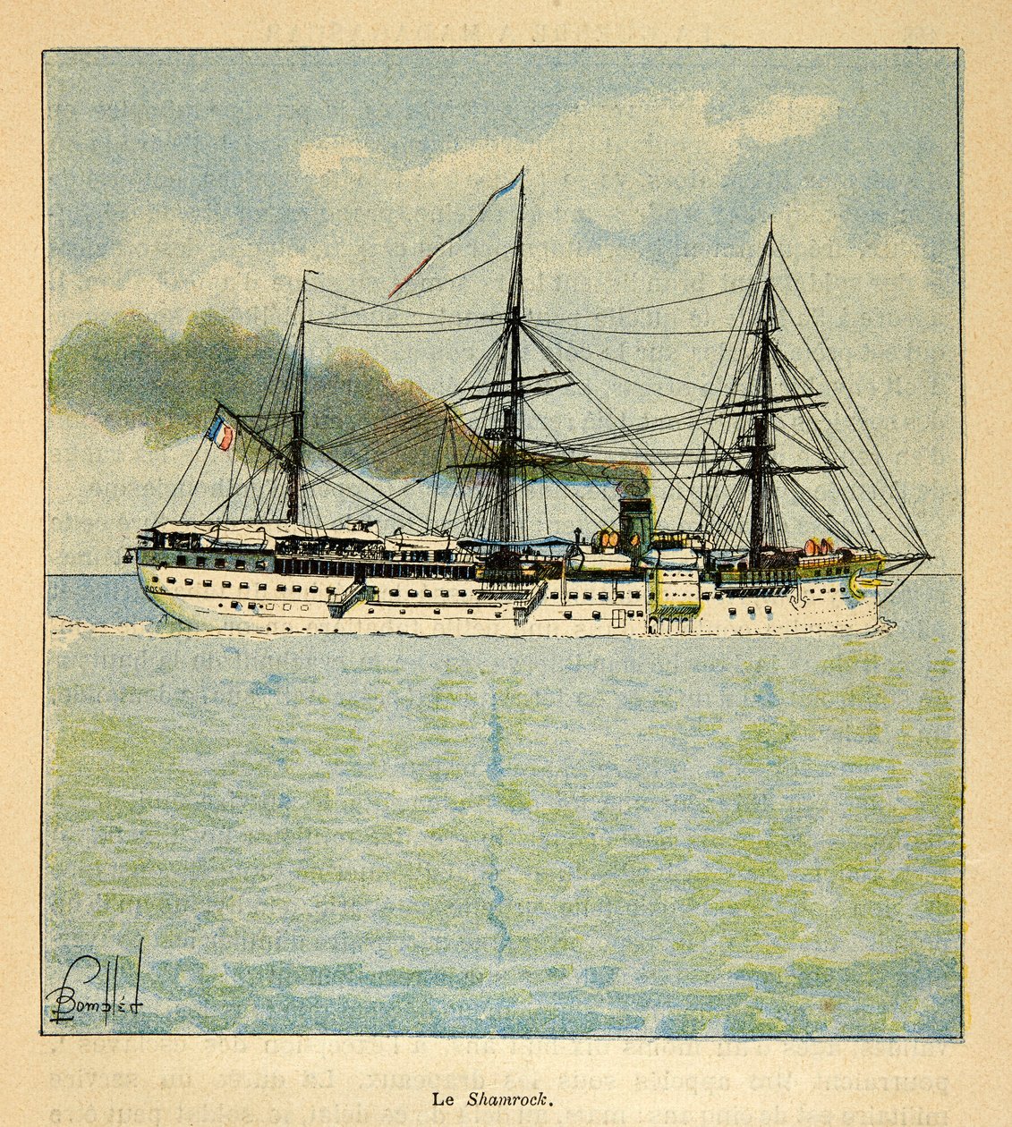 The War in Madagascar-Anecdotal History of the French Expeditions of 1885-1895 av Henri Galli dit Galllichet (1854-1922), illustrert av Louis Bombled (1862-1927): Sykehusskipet "Shamrock" på vei til Madagaskar, privat samling av Louis Charles Bombled
