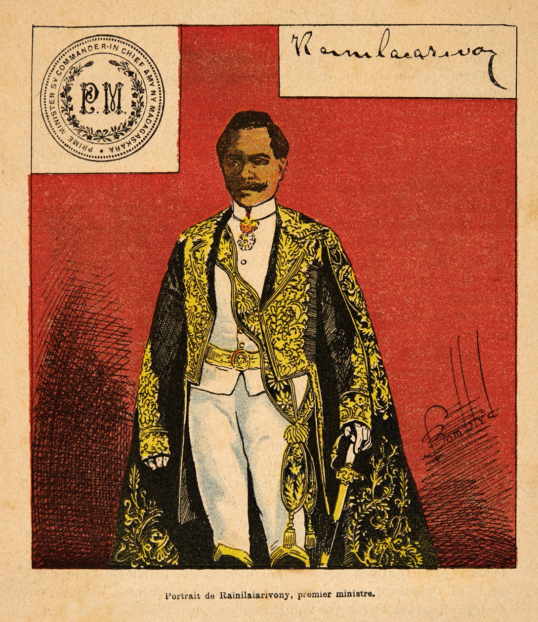 The War in Madagascar-Anecdotal History of the French Expeditions of 1885-1895 av Henri Galli dit Galllichet (1854-1922), illustrert av Louis Bombled (1862-1927): Portrett av statsminister Rainilaiarivony (1828-1896), privat samling av Louis Charles Bombled