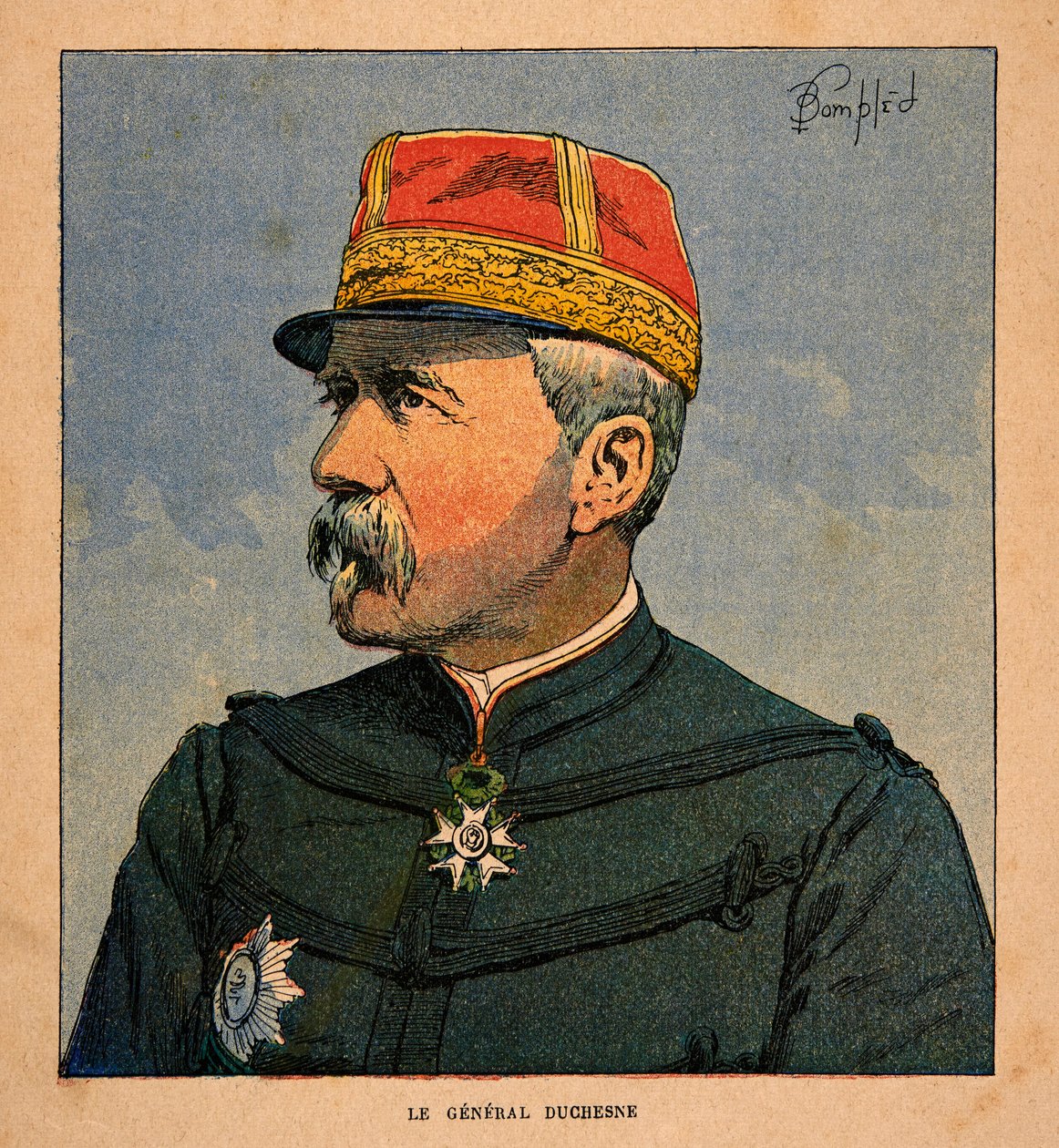 The War in Madagascar-Anecdotal History of the French Expeditions of 1885-1895 av Henri Galli dit Galllichet (1854-1922), illustrert av Louis Bombled (1862-1927): Portrait of General Duchesne (1837-1918) Commander-in-Chief fra den franske ekspedisjonsstyrk av Louis Charles Bombled