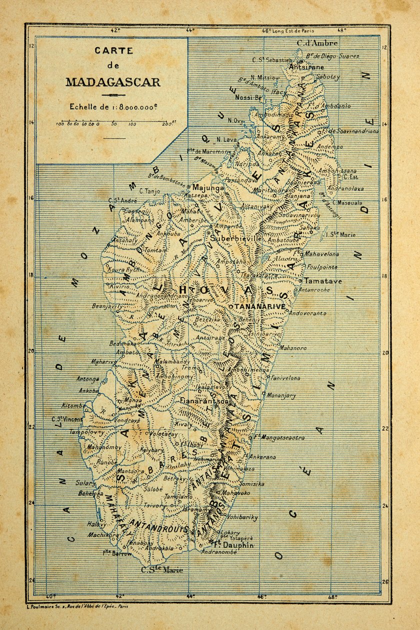 The War in Madagascar-Anecdotal History of the French Expeditions of 1885-1895 av Henri Galli dit Galllichet (1854-1922), illustrert av Louis Bombled (1862-1927): Kart over Madagaskar, privat samling av Louis Charles Bombled