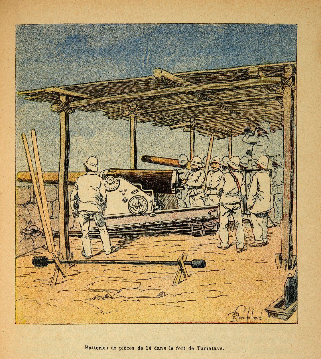 The War in Madagascar-Anecdotal History of the French Expeditions of 1885-1895 av Henri Galli dit Galllichet (1854-1922), illustrert av Louis Bombled (1862-1927): Trommer av 14 stykker i Fort of Tamatave i 1895, privat samling av Louis Charles Bombled