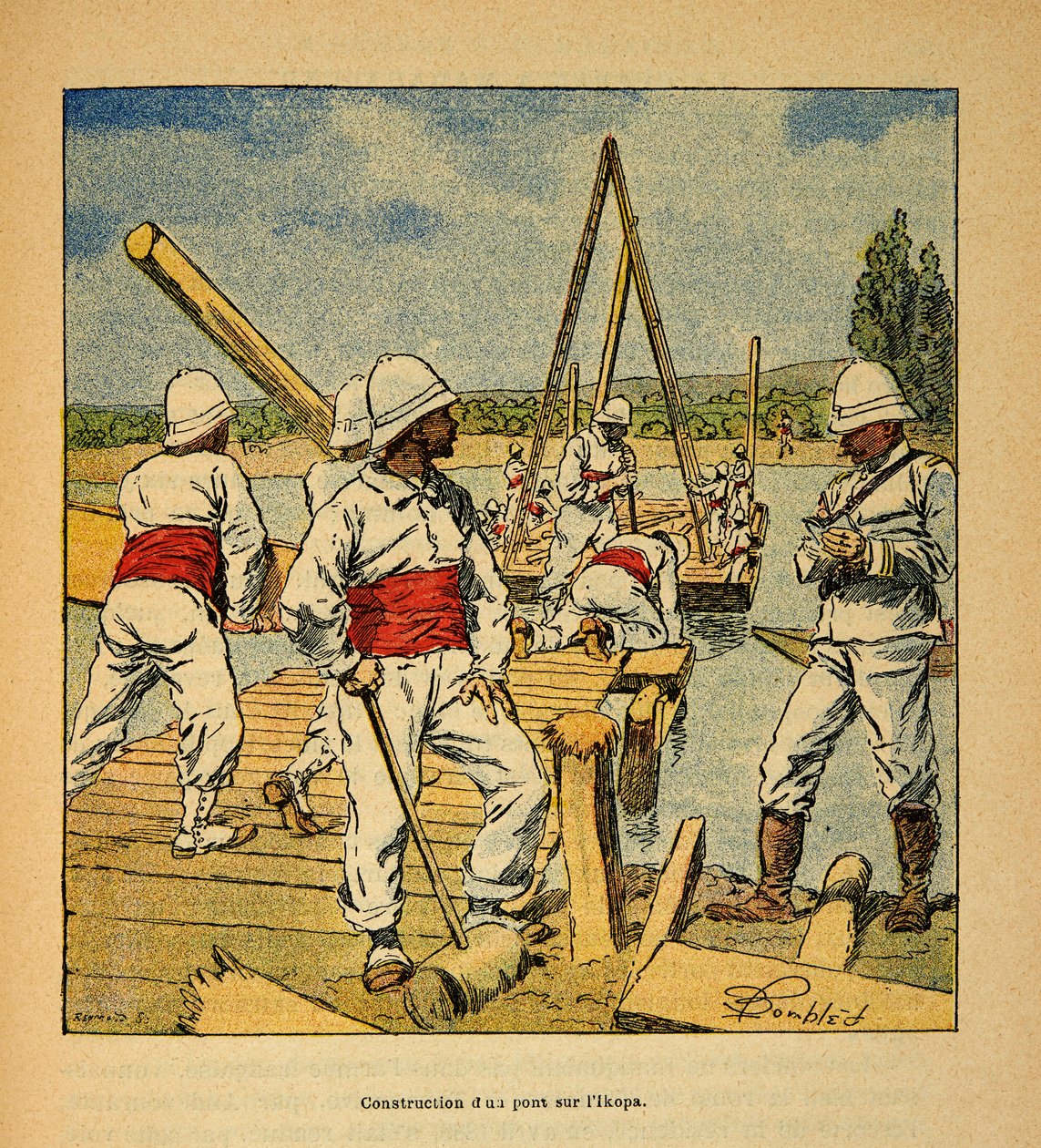 The War in Madagascar-Anecdotal History of the French Expeditions of 1885-1895 av Henri Galli dit Galllichet (1854-1922), illustrert av Louis Bombled (1862-1927): Konstruksjon av en bro av ånden på Ikopa-elven i 1895, Privat samling av Louis Charles Bombled