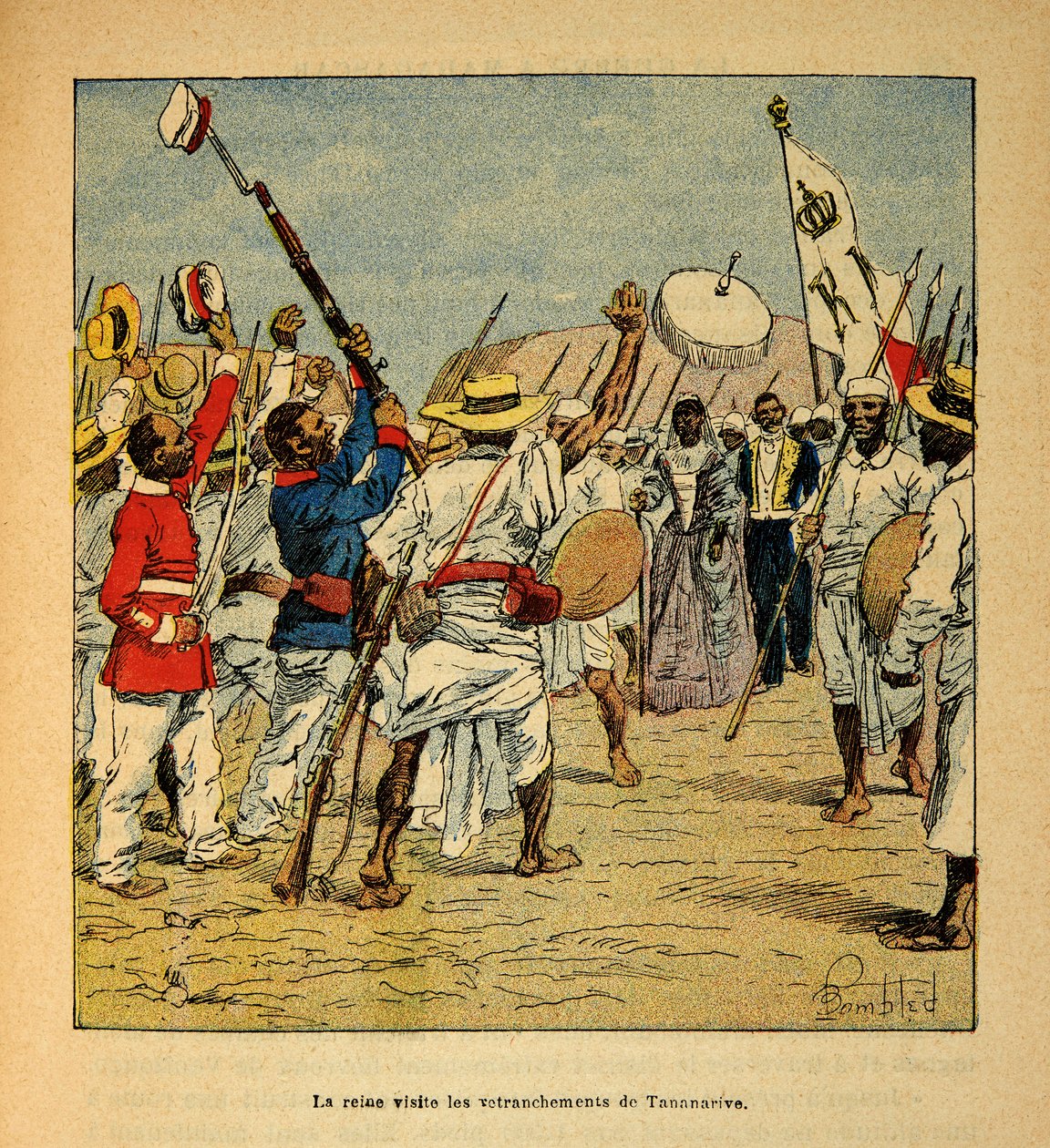 The War in Madagascar-Anecdotal History of the French Expeditions of 1885-1895 av Henri Galli dit Galllichet (1854-1922), illustrert av Louis Bombled (1862-1927): Dronning Ranavalona besøker skrankene til Tananarive i 1895, privat samling av Louis Charles Bombled