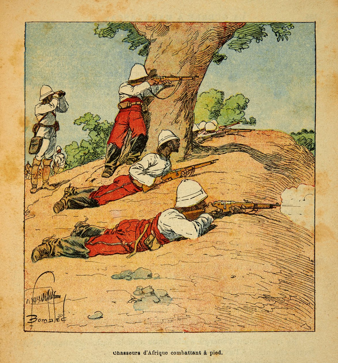 The War in Madagascar-Anecdotal History of the French Expeditions of 1885-1895 av Henri Galli dit Galllichet (1854-1922), illustrert av Louis Bombled (1862-1927): Hunters of Africa som kjemper til fots på Madagaskar i 1895, privat samling av Louis Charles Bombled