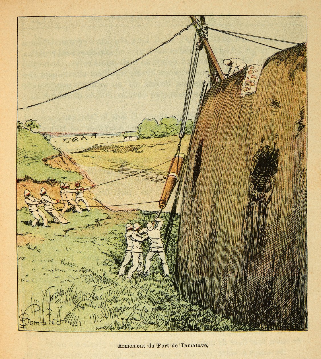 The War in Madagascar-Anecdotal History of the French Expeditions of 1885-1895 av Henri Galli dit Galllichet (1854-1922), illustrert av Louis Bombled (1862-1927): Arming the Fort of Tamatave av franske tropper i 1895, privat samling av Louis Charles Bombled