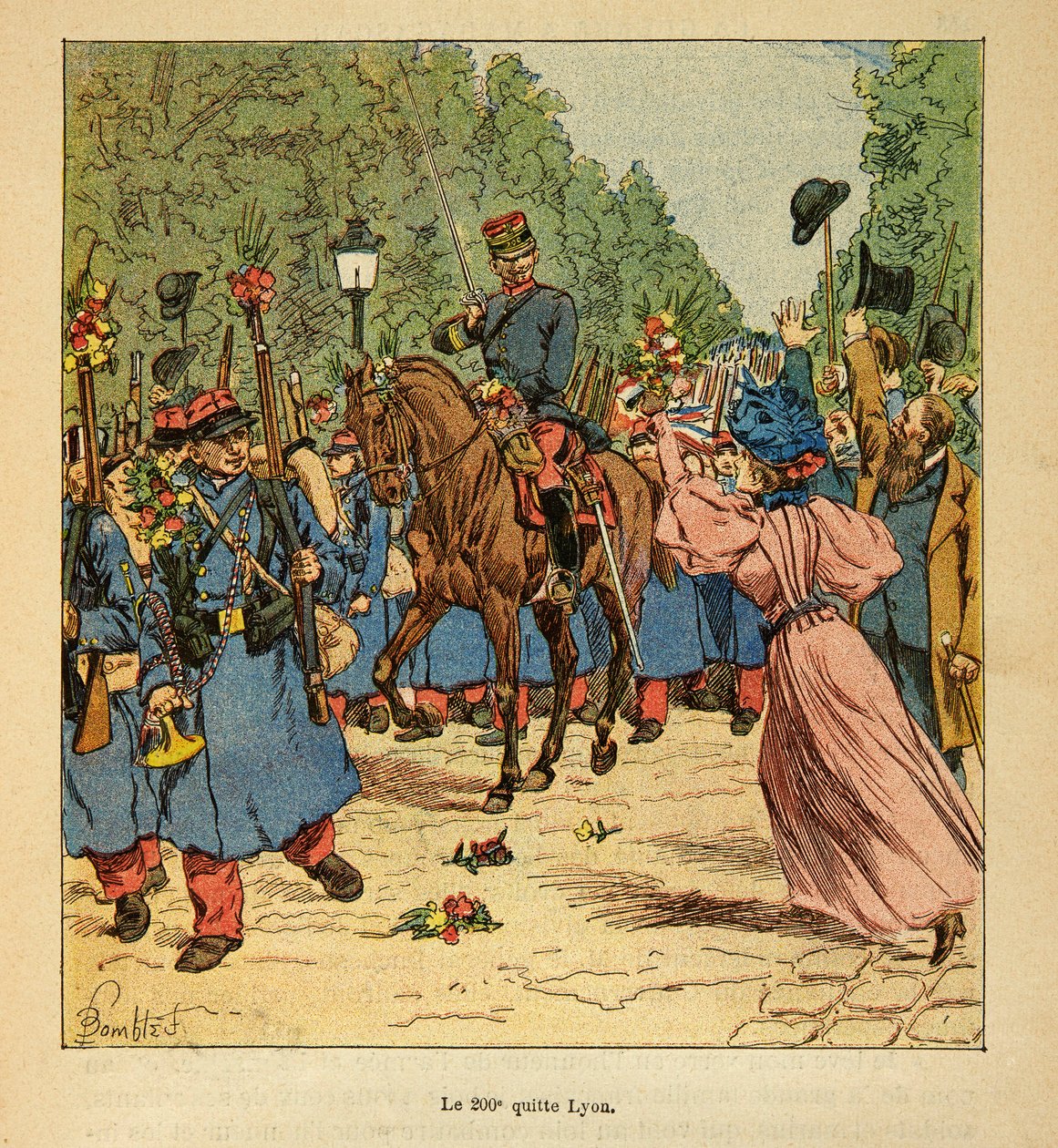 The War in Madagascar-Anecdotal History of the French Expeditions of 1885-1895 av Henri Galli dit Galllichet (1854-1922), illustrert av Louis Bombled (1862-1927): Den 200. linjen forlater Lyon til Madagaskar i 1895, privat samling av Louis Charles Bombled
