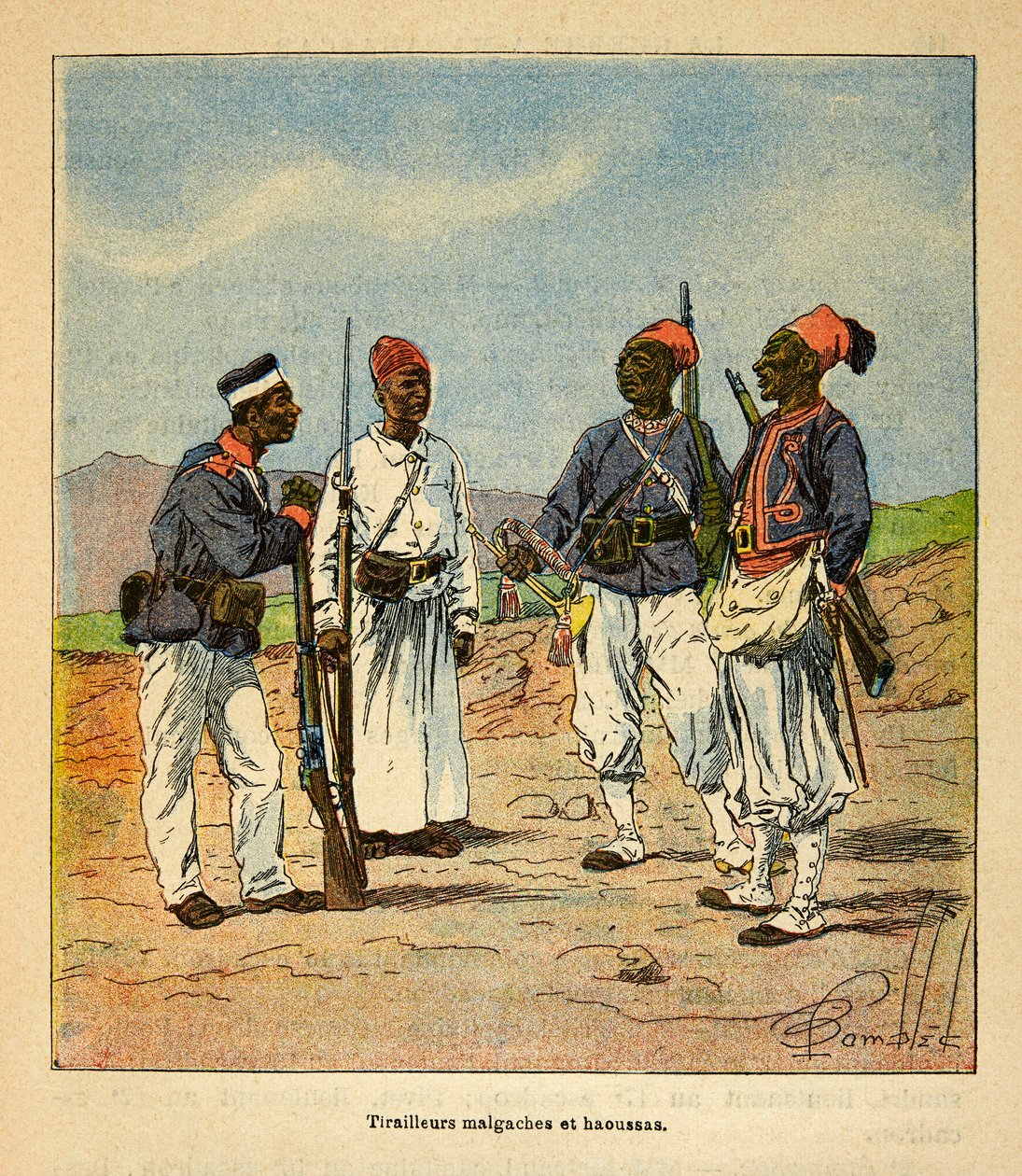 The War in Madagascar-Anecdotal History of the French Expeditions of 1885-1895 av Henri Galli dit Galllichet (1854-1922), illustrert av Louis Bombled (1862-1927): Malagasy and Haoussas Tirailleurs, privat samling av Louis Charles Bombled