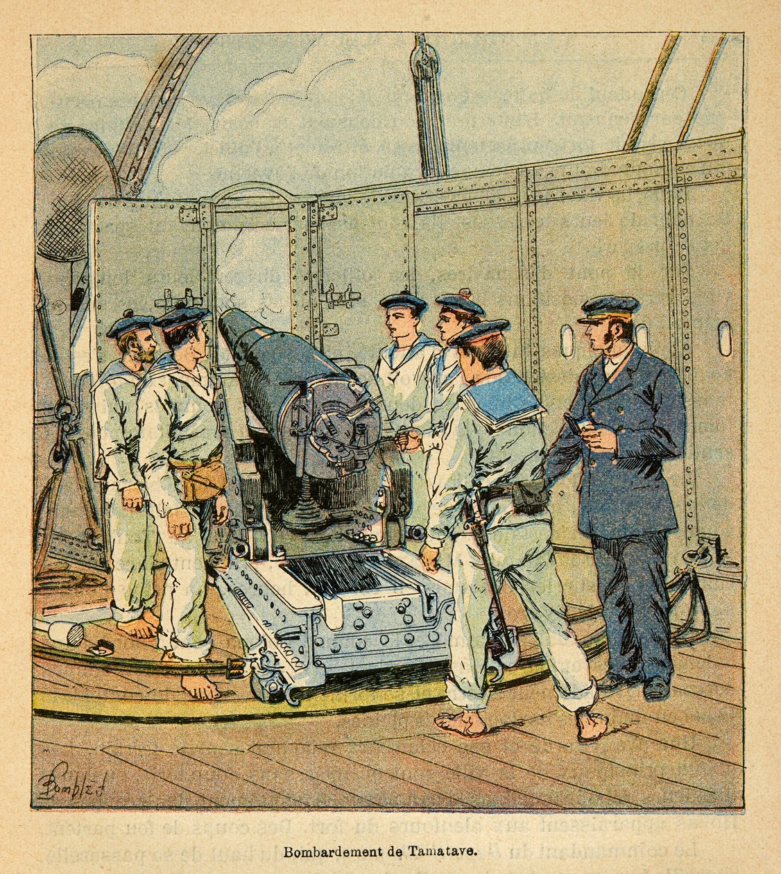 The War in Madagascar-Anecdotal History of the French Expeditions of 1885–1895 av Henri Galli dit Galllichet (1854–1922), illustrert av Louis Bombled (1862–1927): Bombardement av Tamatave av den franske marinen, privat samling av Louis Charles Bombled