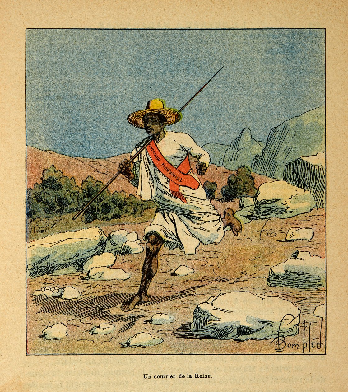 The War in Madagascar-Anecdotal History of the French Expeditions of 1885-1895 av Henri Galli dit Galllichet (1854-1922), illustrert av Louis Bombled (1862-1927): En kurer fra dronning Ranavalona i 1895, privat samling av Louis Charles Bombled