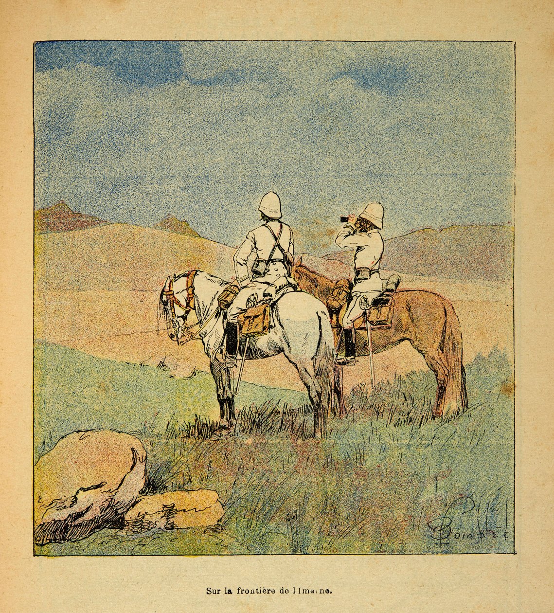 The War in Madagascar-Anecdotal History of the French Expeditions of 1885-1895 av Henri Galli dit Galllichet (1854-1922), illustrert av Louis Bombled (1862-1927): Militær i rekognosering på grensen til Imerne til Madagaskar i 1895, menig Samling av Louis Charles Bombled