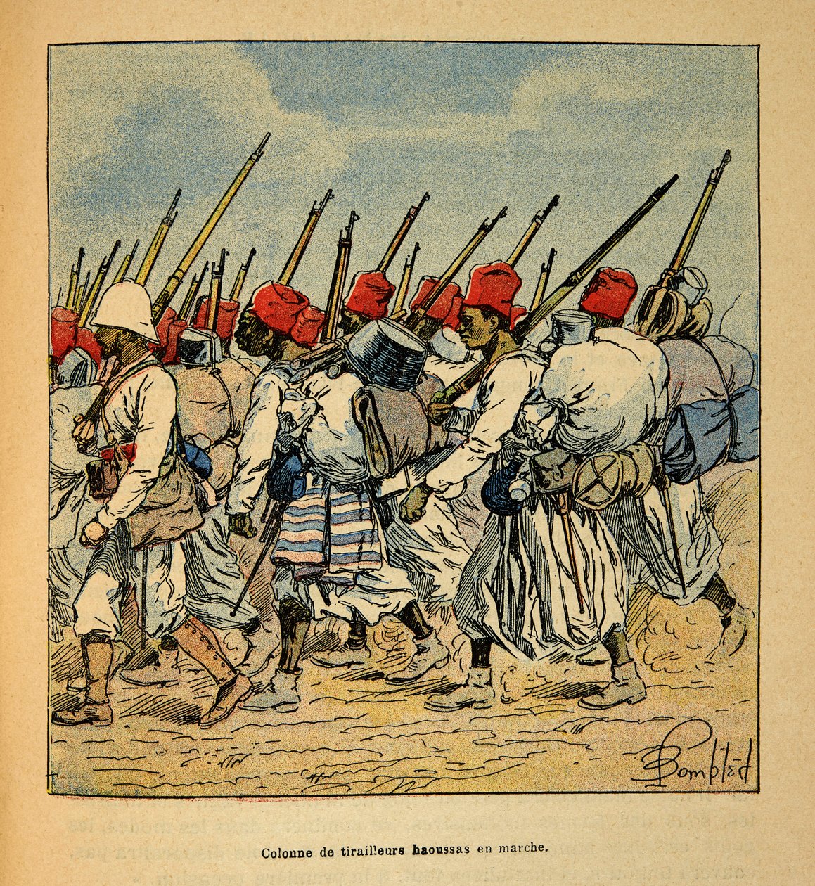 The War in Madagascar-Anecdotal History of the French Expeditions of 1885-1895 av Henri Galli dit Galllichet (1854-1922), illustrert av Louis Bombled (1862-1927): Column of Haoussas Tirailleurs marsjerende i 1895, privat samling av Louis Charles Bombled