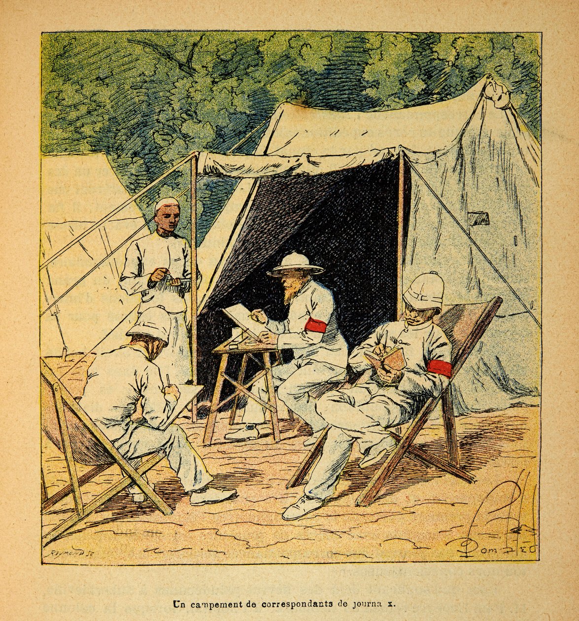 The War in Madagascar-Anecdotal History of the French Expeditions of 1885-1895 av Henri Galli dit Galllichet (1854-1922), illustrert av Louis Bombled (1862-1927): En leir av aviskorrespondenter på Madagaskar i 1895, privat samling av Louis Charles Bombled