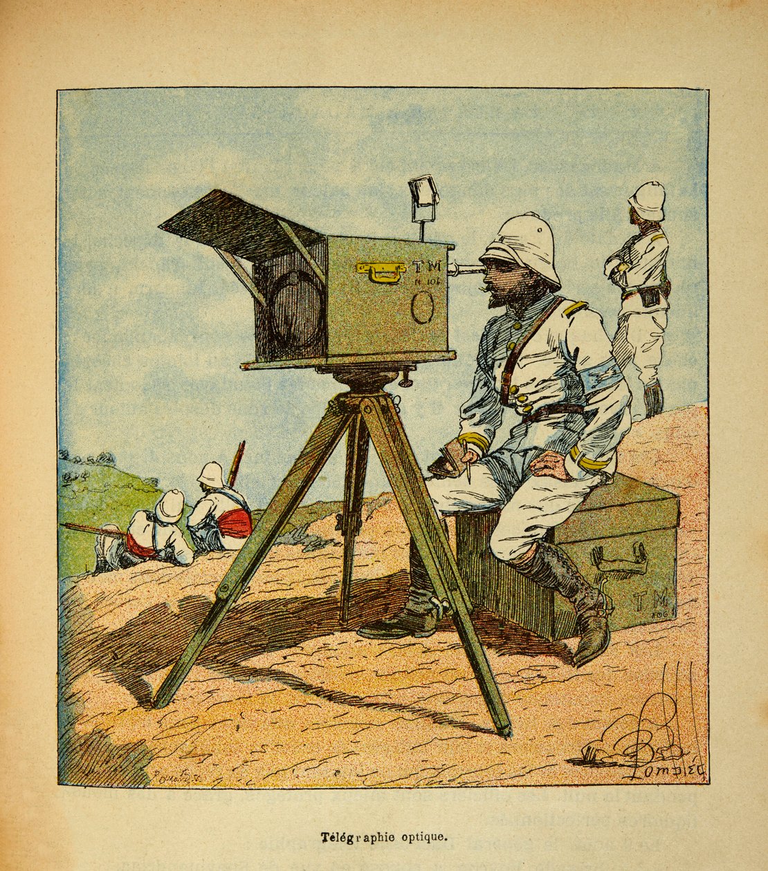 The War in Madagascar-Anecdotal History of the French Expeditions of 1885-1895 av Henri Galli dit Galllichet (1854-1922), illustrert av Louis Bombled (1862-1927): Optisk telegrafi i 1895, privat samling av Louis Charles Bombled
