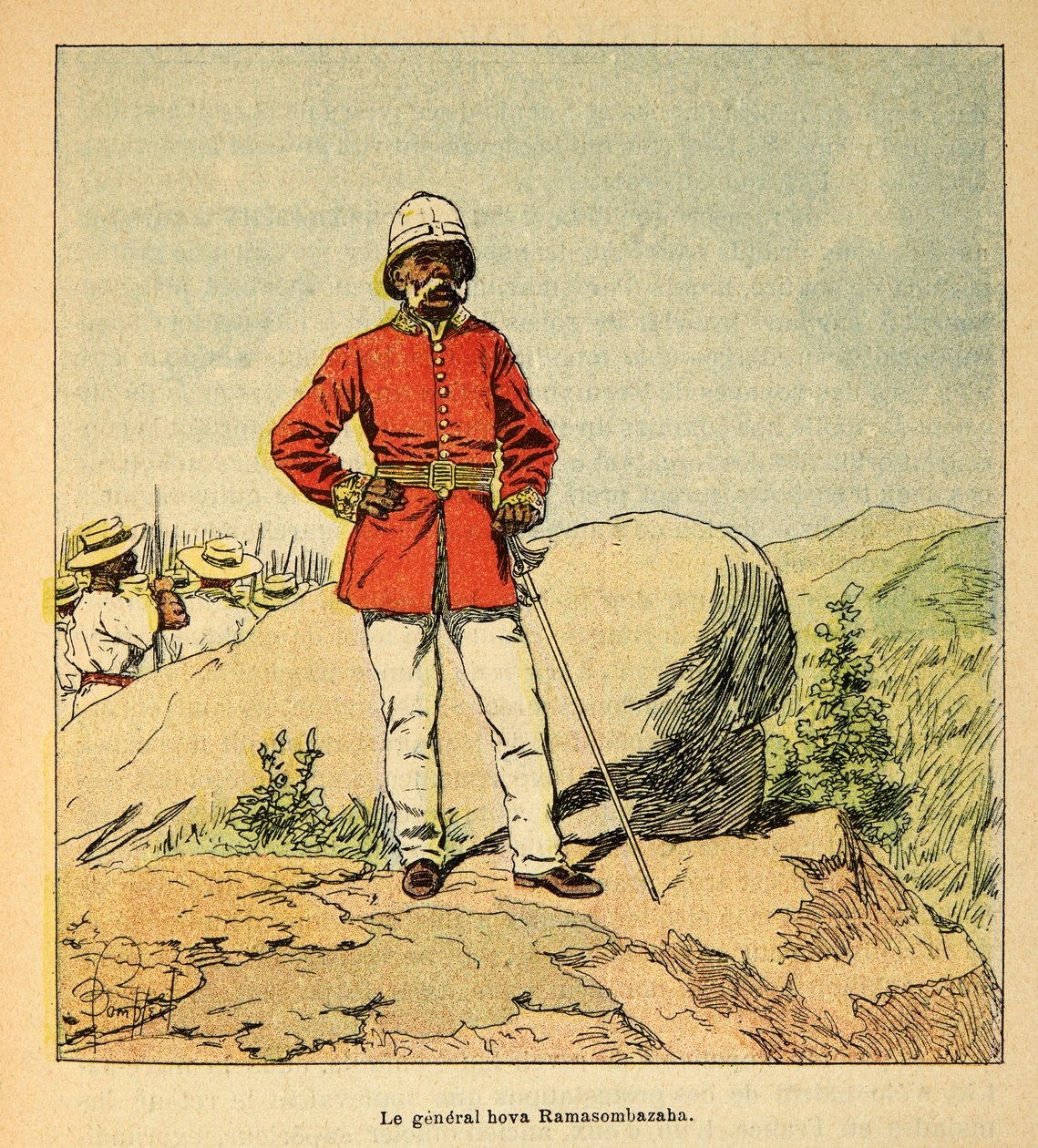 The War in Madagascar-Anecdotal History of the French Expeditions of 1885-1895 av Henri Galli dit Galllichet (1854-1922), illustrert av Louis Bombled (1862-1927): Portrett av general Hova Ramasombazaha, privat samling av Louis Charles Bombled