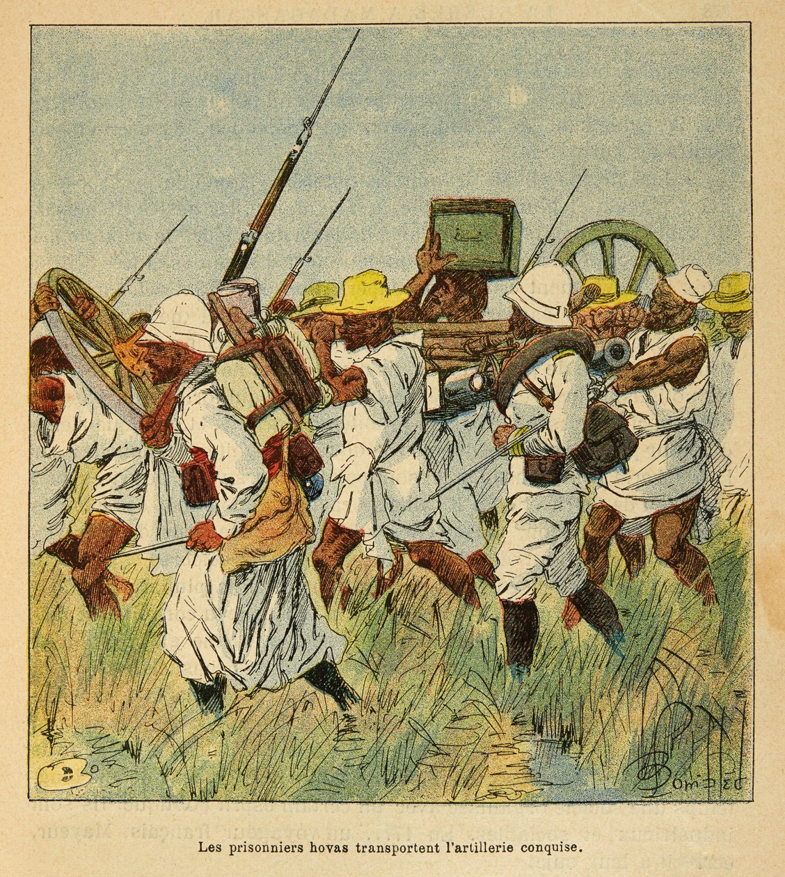 The War in Madagascar-Anecdotal History of the French Expeditions of 1885-1895 av Henri Galli dit Galllichet (1854-1922), illustrert av Louis Bombled (1862-1927): Fangene som Hovas brukte til å transportere artilleristykker, privat samling av Louis Charles Bombled