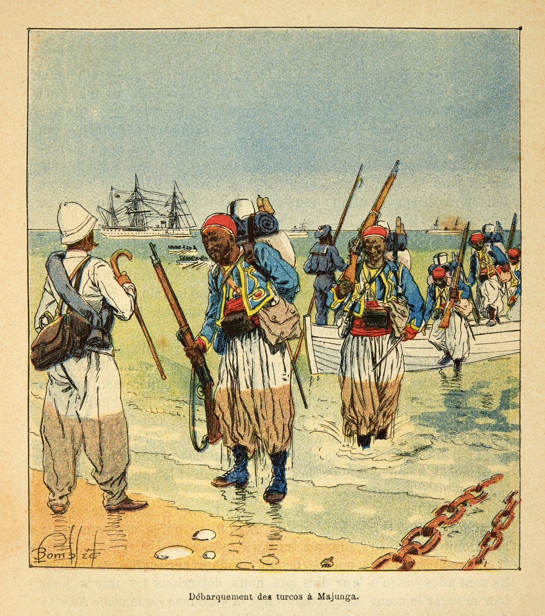 The War in Madagascar-Anecdotal History of the French Expeditions of 1885-1895 av Henri Galli dit Galllichet (1854-1922), illustrert av Louis Bombled (1862-1927): Debarquement des Turcos a Majunga, privat samling av Louis Charles Bombled