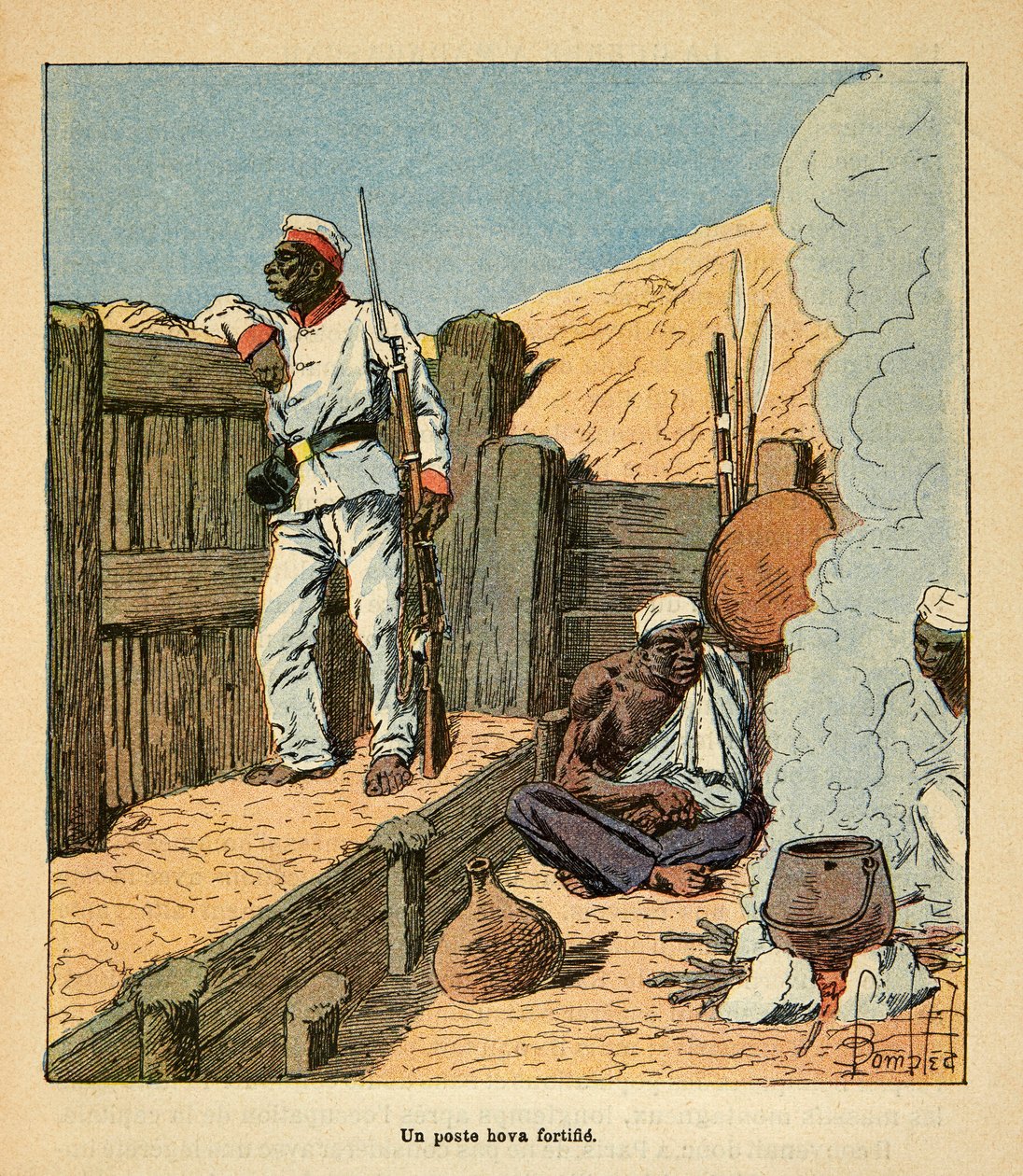 The War in Madagascar-Anecdotal History of the French Expeditions of 1885-1895 av Henri Galli dit Galllichet (1854-1922), illustrert av Louis Bombled (1862-1927): A post Hova fortifies, Private Collection av Louis Charles Bombled