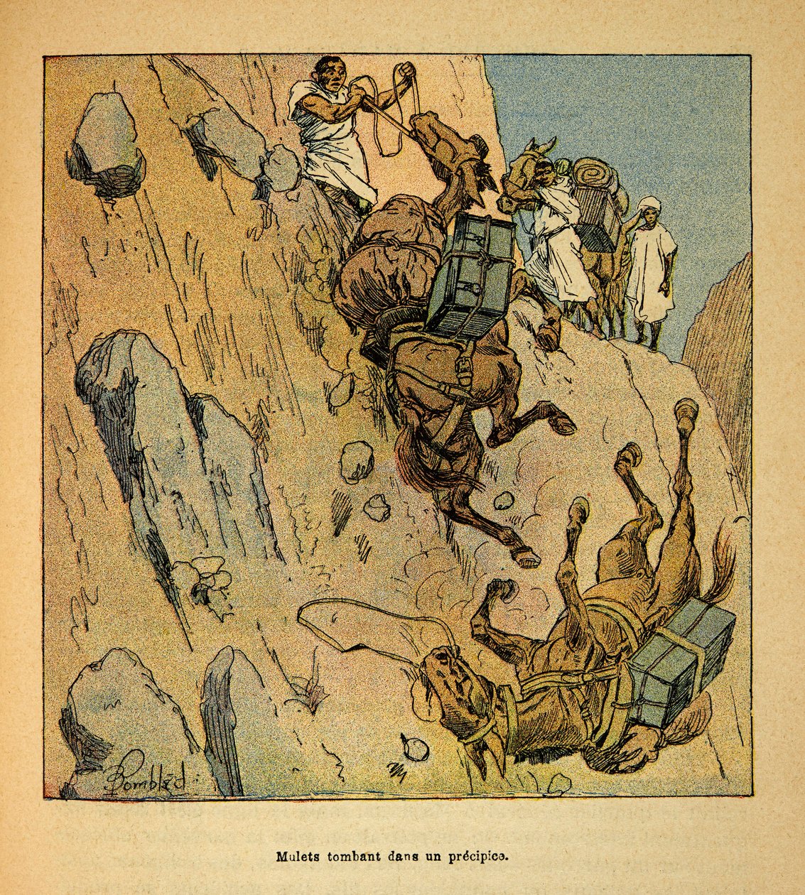 The War in Madagascar-Anecdotal History of the French Expeditions of 1885-1895 av Henri Galli dit Galllichet (1854-1922), illustrert av Louis Bombled (1862-1927): Muletter av en militærkonvoi som faller ned i et stup, spesiell samling av Louis Charles Bombled