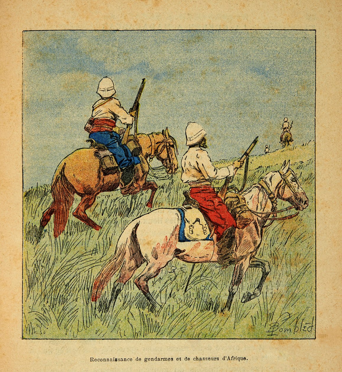 The War in Madagascar-Anecdotal History of the French Expeditions of 1885-1895 av Henri Galli dit Galllichet (1854-1922), illustrert av Louis Bombled (1862-1927): Anerkjennelse av gendarmer og jegere fra Afrika på Madagaskar i 1895, privat samling av Louis Charles Bombled