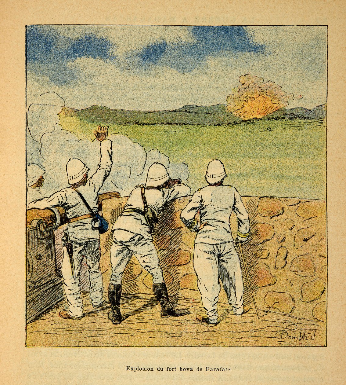 The War in Madagascar-Anecdotal History of the French Expeditions of 1885-1895 av Henri Galli dit Galllichet (1854-1922), illustrert av Louis Bombled (1862-1927): Eksplosjon av Fort Hova i Farafate i 1895, privat samling av Louis Charles Bombled