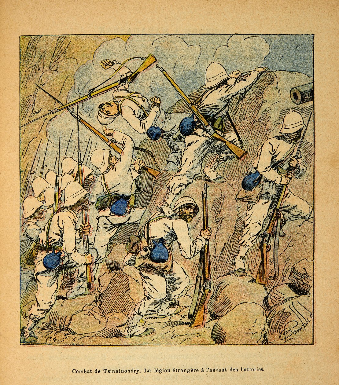 The War in Madagascar-Anecdotal History of the French Expeditions of 1885-1895 av Henri Galli dit Galllichet (1854-1922), illustrert av Louis Bombled (1862-1927): Slaget ved Tsinainondry, fremmedlegionen ved angrepet av Hovas-batteriene i 1895, Pr av Louis Charles Bombled