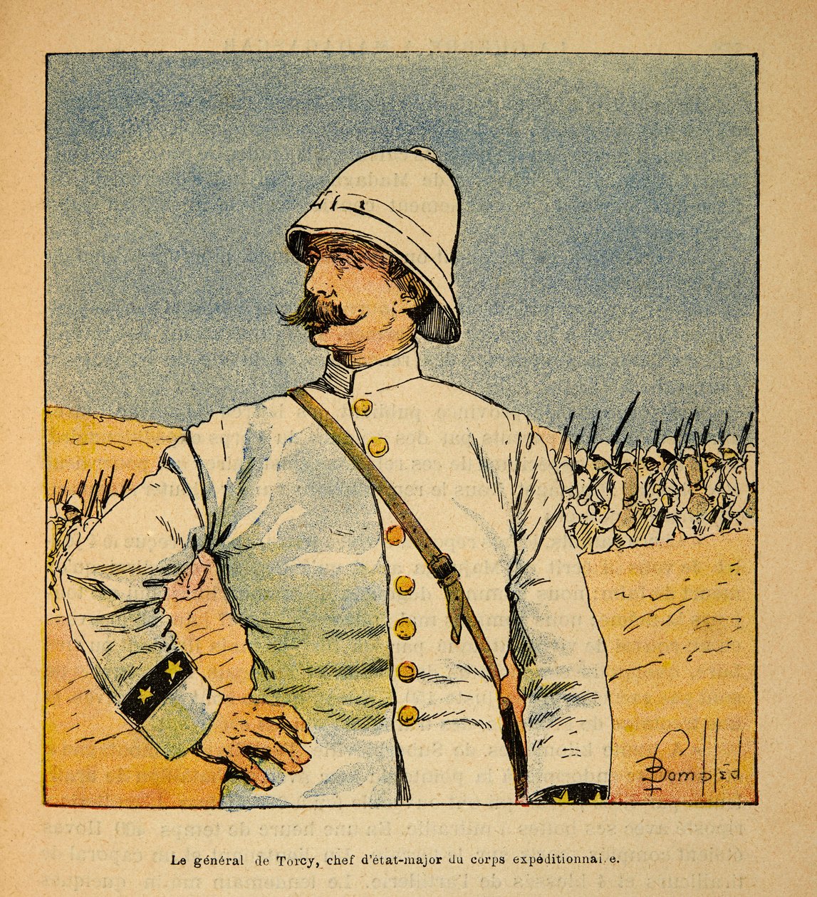 The War in Madagascar-Anecdotal History of the French Expeditions of 1885-1895 av Henri Galli dit Galllichet (1854-1922), illustrert av Louis Bombled (1862-1927): Portrett av general De Torcy (1844-1918), stabssjef av ekspedisjonsstyrken i Madag av Louis Charles Bombled