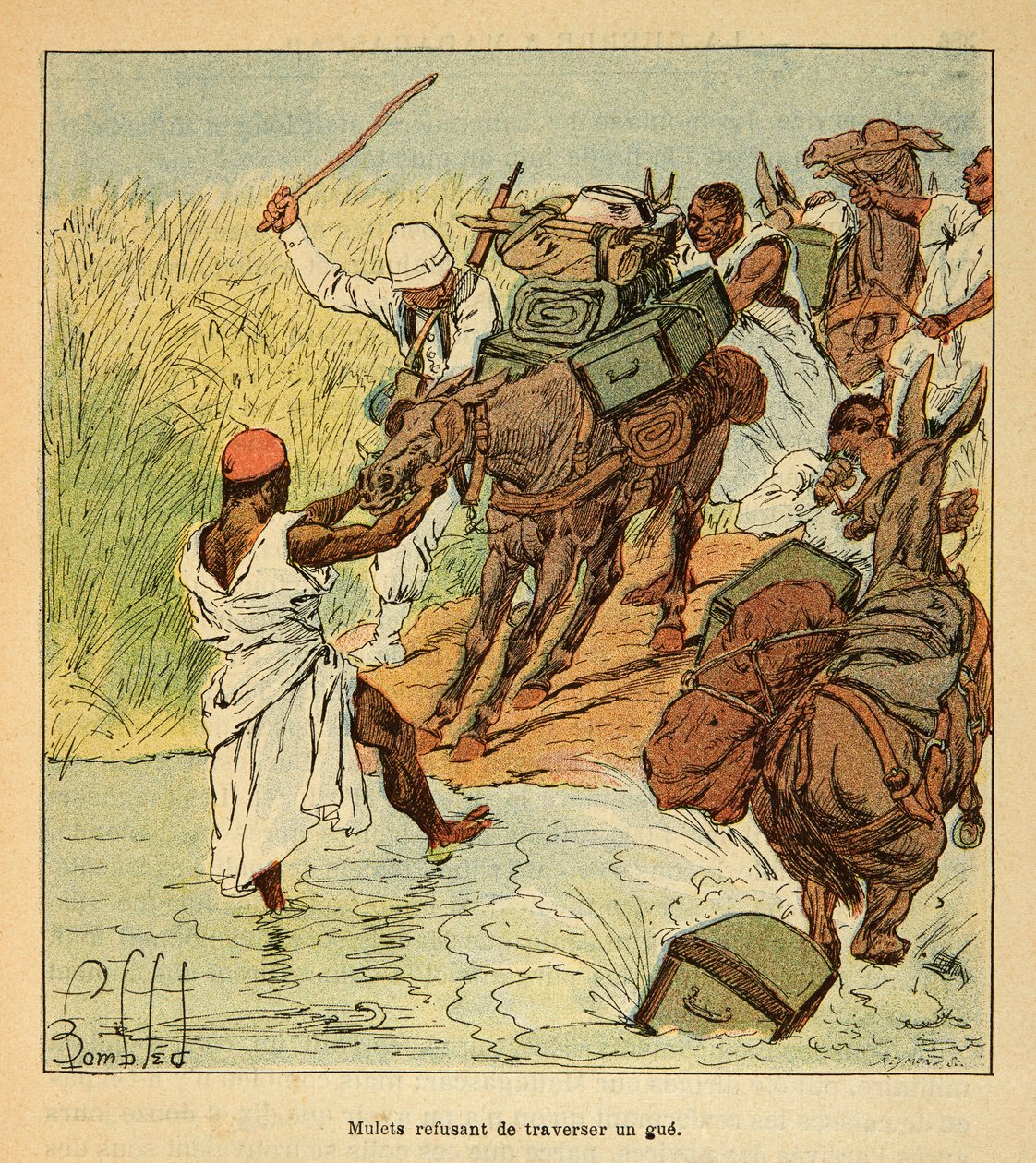 The War in Madagascar-Anecdotal History of the French Expeditions of 1885-1895 av Henri Galli dit Galllichet (1854-1922), illustrert av Louis Bombled (1862-1927): Mulets nektet å krysse en gue under den franske ekspedisjonen til Madagaskar i 1895 , menig C av Louis Charles Bombled