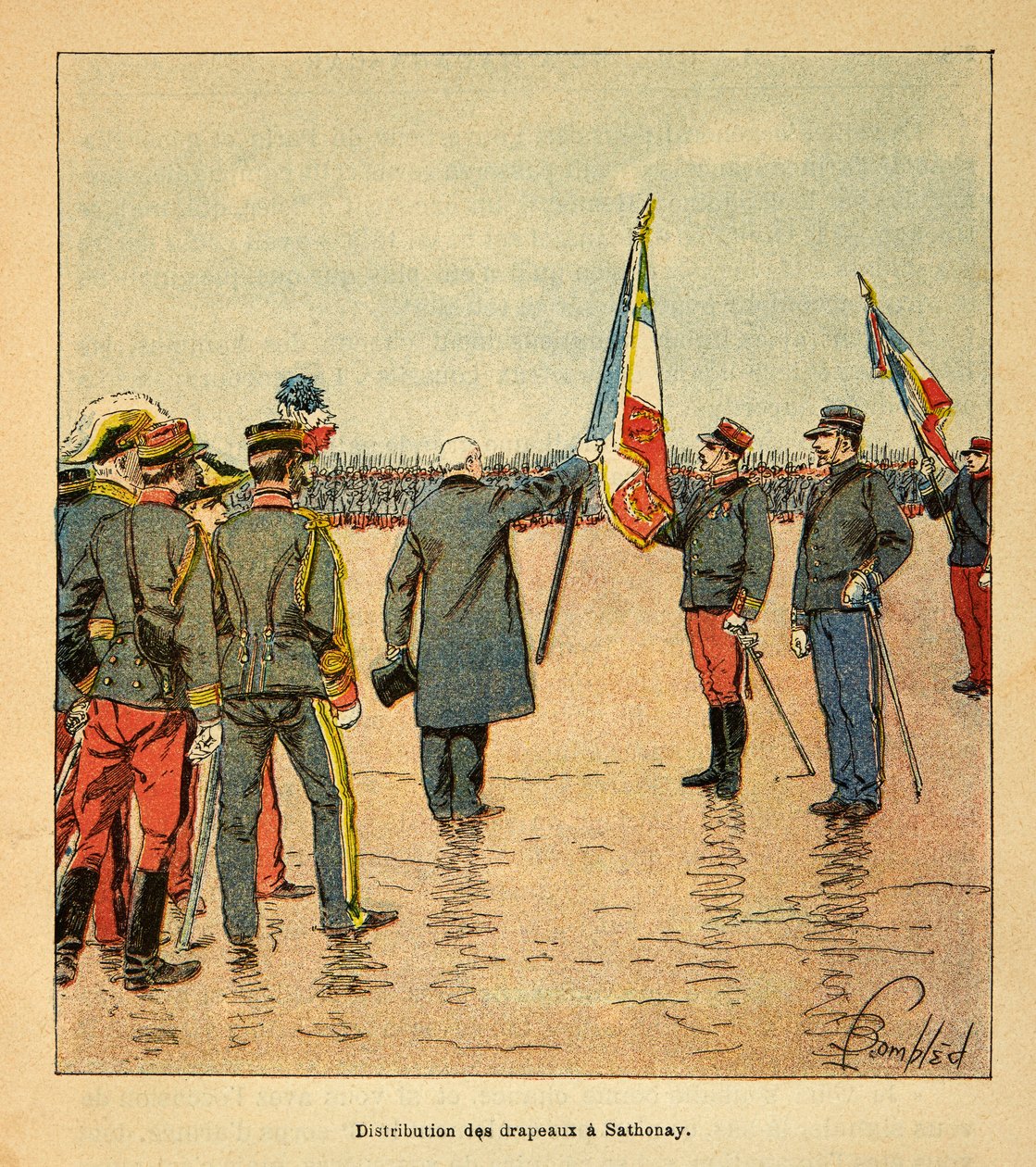 The War in Madagascar-Anecdotal History of the French Expeditions of 1885-1895 av Henri Galli dit Galllichet (1854-1922), illustrert av Louis Bombled (1862-1927): Utdeling av flagg i Sathonay til troppene som dro til Madagaskar i 1895 pres av Louis Charles Bombled