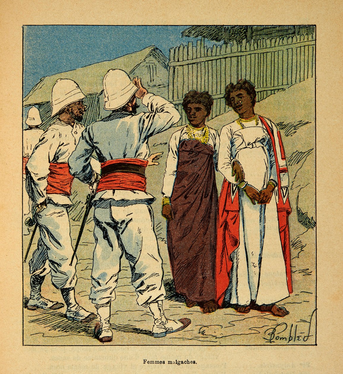 The War in Madagascar-Anecdotal History of the French Expeditions of 1885-1895 av Henri Galli dit Galllichet (1854-1922), illustrert av Louis Bombled (1862-1927): Franske soldater som sympatiserer med madagaskiske kvinner, privat samling av Louis Charles Bombled