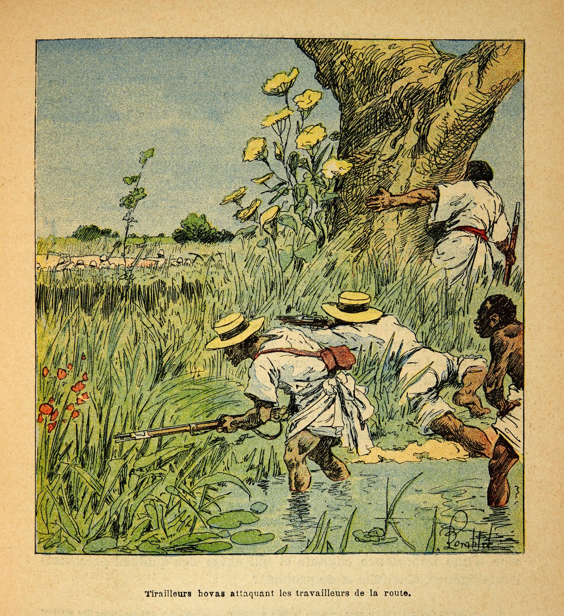 The War in Madagascar-Anecdotal History of the French Expeditions of 1885-1895 av Henri Galli dit Galllichet (1854-1922), illustrert av Louis Bombled (1862-1927): Hovas Tirailleurs angriper militærbygningen en vei i 1895, privat samling av Louis Charles Bombled